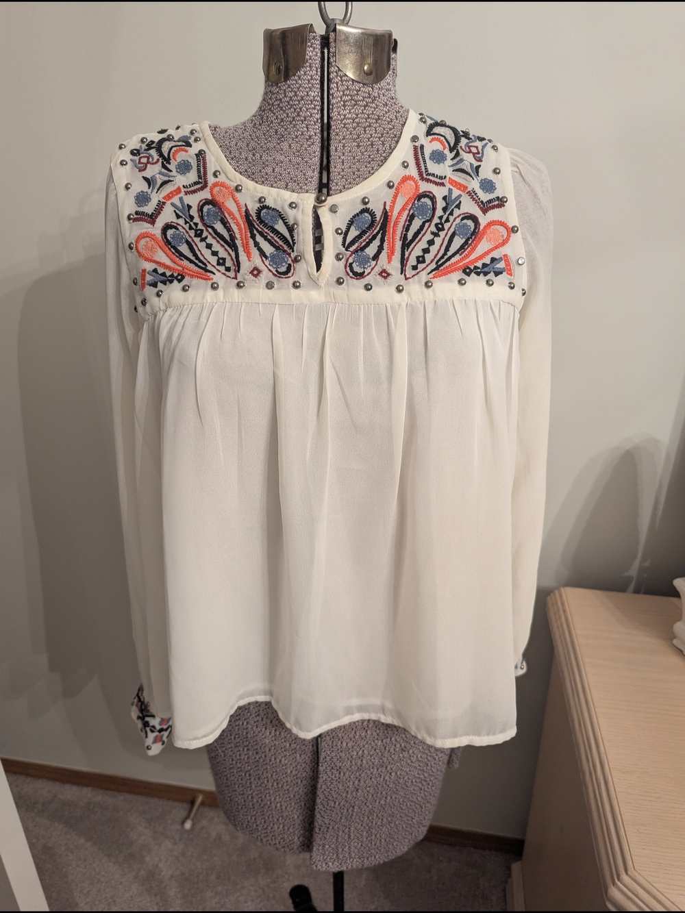 Embroidered Ivory Boho Peasant Top - Women's Long Sleeve